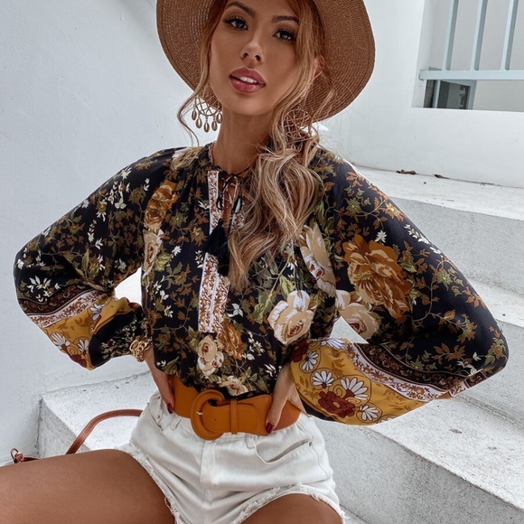 floral boho neck tie tassel balloon sleeve top - Picture 3 of 7